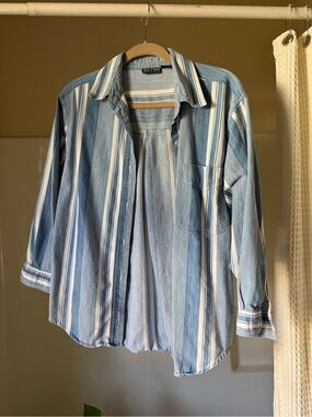 RETRO Blue & White Striped womans Button-Up Shirt